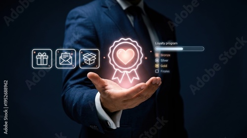 Wallpaper Mural Loyalty program, Customer satisfaction, Rewards, Business, Marketing, Retention, Customer experience concept with businessman holding icons for membership tiers and bonus rewards. Torontodigital.ca