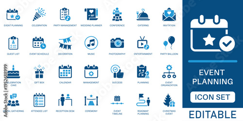 Event planning icon set. featuring wedding management, celebration, cake, guest list, invitation, and party decoration in blue flat design style.