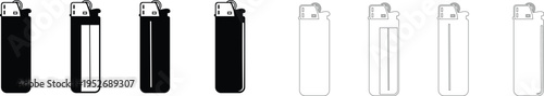 Lighter icons set  flame gas lighter symbols for ignition, smoking accessory, fire starter tool vector silhouettes and outline designs for camping and daily use collection group