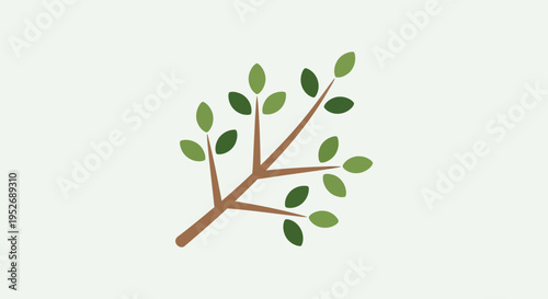 Minimalist depiction of a tree branch featuring green leaves against a pale backdrop