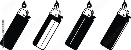 Lighter icons set  flame gas lighter symbols for ignition, smoking accessory, fire starter tool vector silhouettes and outline designs for camping and daily use collection group