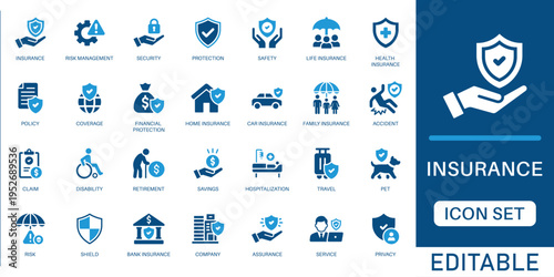 Insurance icon set. featuring life, health, car, and home protection elements with risk management and safety concepts in blue flat design style.