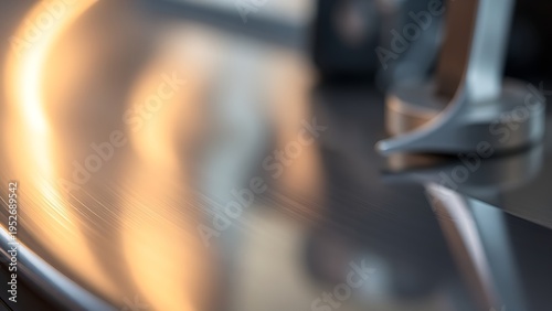 distorted. A curved silver surface reflecting warm light and blurred tool shapes, minimalist composition. safety posters.