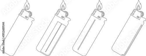 Lighter icons set  flame gas lighter symbols for ignition, smoking accessory, fire starter tool vector silhouettes and outline designs for camping and daily use collection group