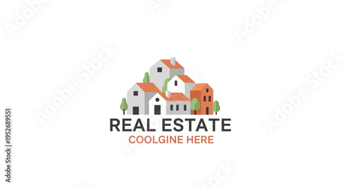 A geometric real estate logo featuring a cluster of stylized houses with trees, clean design
