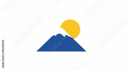 Minimalistic Blue Mountain and Yellow Sun Iconography on White Background, Simple Logo Design