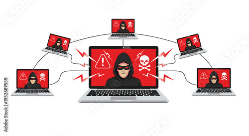 Computer network under massive cyberattack with multiple laptops displaying hacker silhouettes and skull warnings.