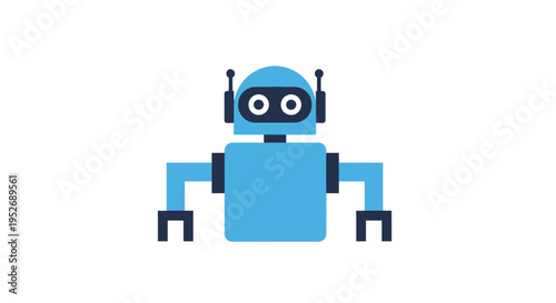 A stylized illustration of a friendly-looking, blue robot with a minimalistic design