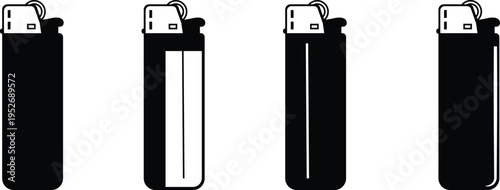 Lighter icons set  flame gas lighter symbols for ignition, smoking accessory, fire starter tool vector silhouettes and outline designs for camping and daily use collection group