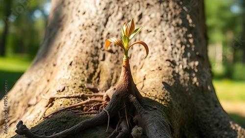 vigor. A new root sprout growing beside a weathered tree trunk. ESG reports, sustainability campaigns, designed for sustainability communications and ESG reporting, supports ESG communication.