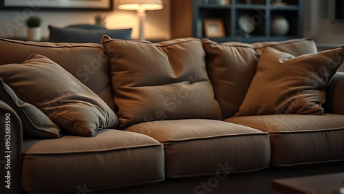 sag. Well-used sofa with central sag and loosely arranged cushions. lifestyle magazines, social media lookbooks, designed for influencer and brand collaborations, used by videographers.