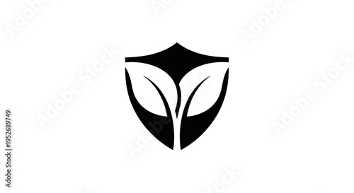 Abstract black leaf shield logo design, natural organic protection symbol on isolated white background