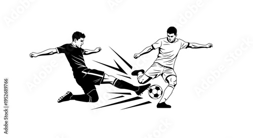 Highly dynamic illustration of two male soccer players in intense action, one sliding to kick the ball during a competitive game on a white background.