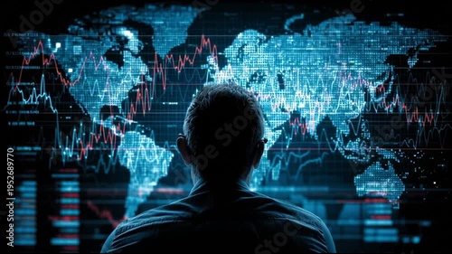 Capital war financial conflict. Investment strategy. Investment conflict. Man analyzing global financial data on a digital world map screen