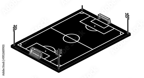 Isometric view of a detailed soccer football field with goalposts and floodlights on a black background.