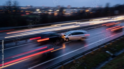 Car Accident Collision on Wet Highway at Night with Motion Blur