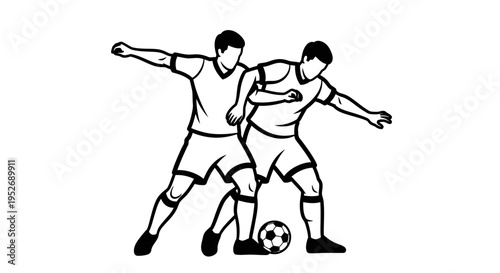 Dynamic outline illustration of two male soccer players competing for the ball during a game on a white background.