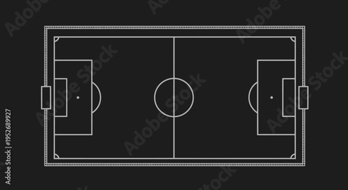 Top view outline of a soccer football field with lines, goalposts, and penalty areas on a dark background.