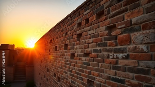 retained. Ancient brick walls with stepped patterns illuminated by warm sunset light. inspiring travel planning, real-estate listings, designed for interior renovation comparisons for interiors.