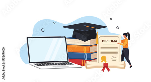 Graduation and successful course completion concept shows a woman holding a diploma next to books and a laptop.