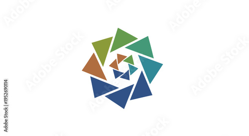 Abstract geometric design with spiral formation, composed of colorful triangular elements on white