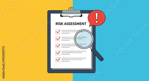 Detailed risk assessment report on a clipboard is carefully inspected with a magnifying glass for safety compliance.