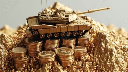 Capital war financial conflict. Investment strategy. Investment conflict. A golden toy tank on stacked coins with a golden rocky background