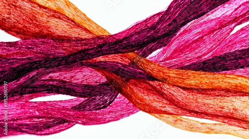 Intertwined strands of vibrant thread in various shades of pink, orange, and purple against a white backdrop