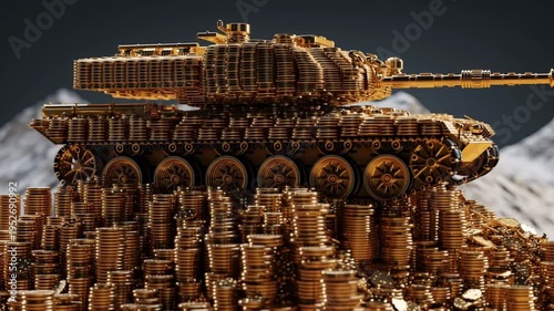 Capital war financial conflict. Investment strategy. Investment conflict. Gold tank sculpture made from stacked coins on a pile of coins
