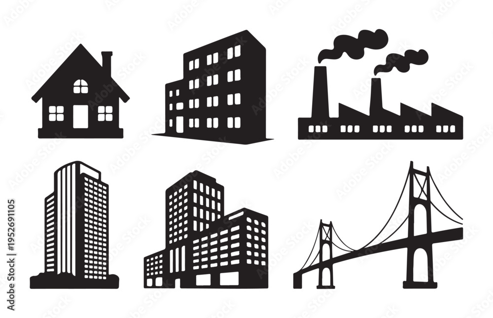 Obraz premium Collection of city architecture silhouettes featuring house apartment building factory plant and steel bridge