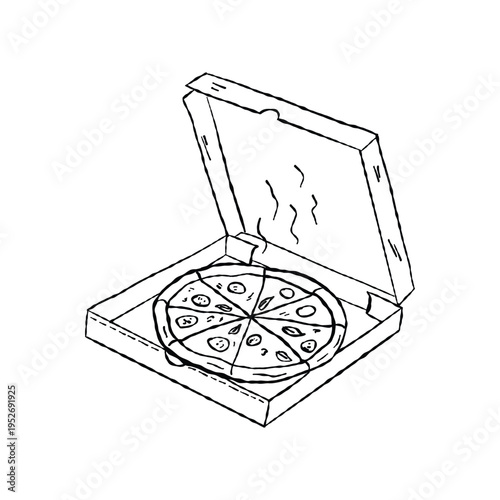 Hand-drawn pizza box doodle. Sketch of an open pizza box. Drawing of a pizza in a cardboard box. Vintage delivery element. Vector illustration