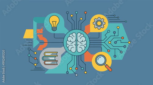 Brain with connected symbols of ideas, learning, and technology concept