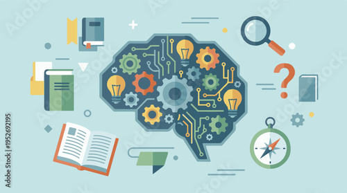Conceptual brain illustration: gears, circuit board, lightbulbs for knowledge.