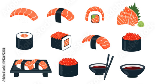 Salmon Sushi and Sashimi Vector Set, Japanese Food Illustration Isolated on White