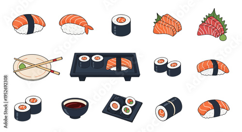Sushi and Sashimi Vector Illustration Set with Salmon Nigiri, Maki Rolls, and Japanese Dining Elements on White Background