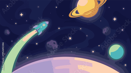 Vibrant cartoon space scene with rocket flying past planets and stars