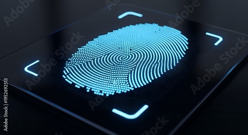 Glowing blue fingerprint on a futuristic black screen with navigation symbols