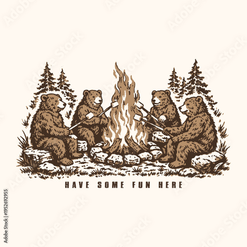 Vintage Hand Drawn Bears Camping  Roasting Marshmallows Engraving Illustration