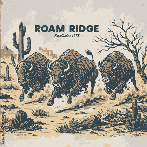 Vintage American Bison Stampede in Desert Landscape