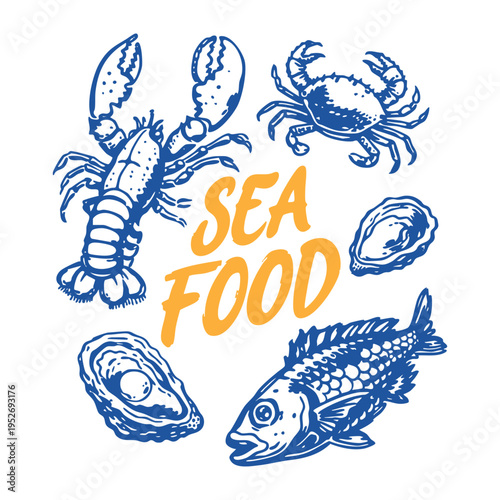 Vintage Hand-Drawn Seafood Illustration with Lobster, Crab, and Fish