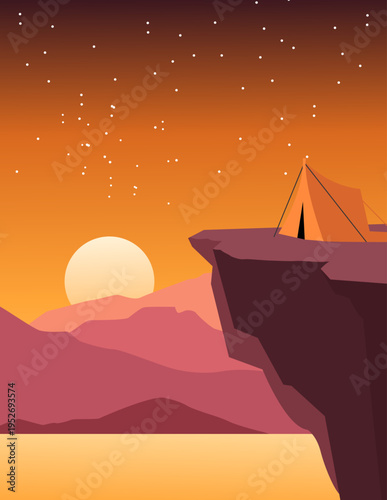 Minimalist camping illustration at sunset