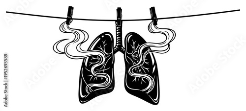 Human lungs hanging on clothesline with pins for laundry respiratory health concept in woodcut engraving style