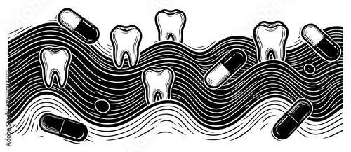 Teeth and medical capsules floating on wavy fluid lines in linocut style