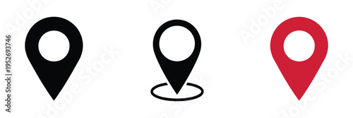 map location pin icon set, outline and solid styles, gps marker and geolocation symbols collection, navigation pointer icons, destination tracking signs, minimal and bold vector design elements.