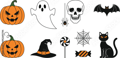 Halloween icons collection set with spooky pumpkin ghost skull and bat
