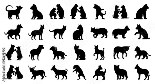 Collection of black animal silhouettes featuring various mammals like cats, dogs, bears, and deer in different poses on a white background.