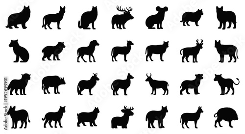 A collection of black animal silhouettes arranged in a grid, featuring various wild and domestic creatures.