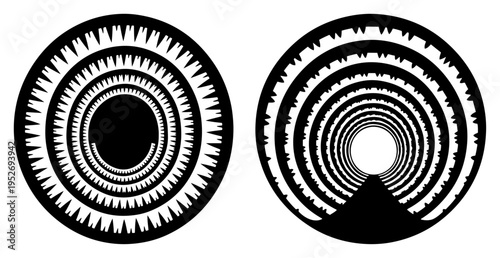 Concentric circular tunnel and sunburst patterns in abstract graphic style