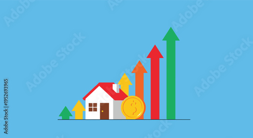 Real estate market growth concept showing a white house with a red roof, a gold coin, and several upward pointing colorful arrows.