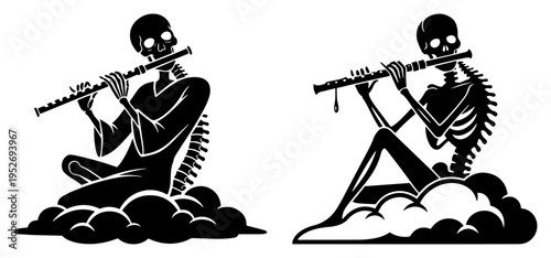 Skeleton playing flute on clouds representing death and music in woodcut engraving style